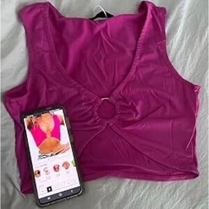 Just Quella Pink Crop Top with Plunging Neckline and Gold Ring